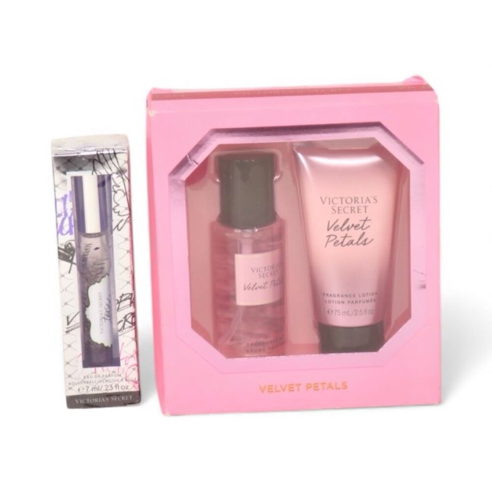 Victoria's Secret Velvet Petals 2pc Set & Rollerball Perfume Tease Rebel New